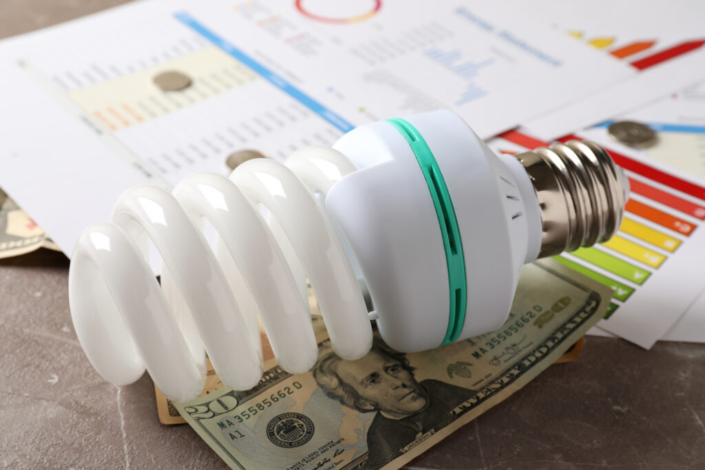 An energy-efficient light bulb rests on dollar bills and energy reports, representing cost savings through energy efficiency.